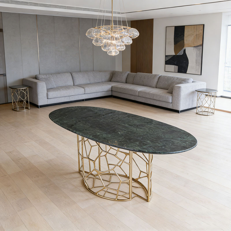 Sculptural Brass & Green Marble Table Collection (Dining, Console & Side Table Styles)