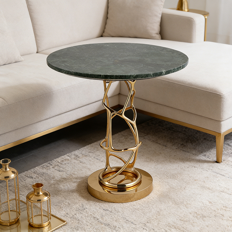 Sculptural Brass & Green Marble Table Collection (Dining, Console & Side Table Styles) - Image 7
